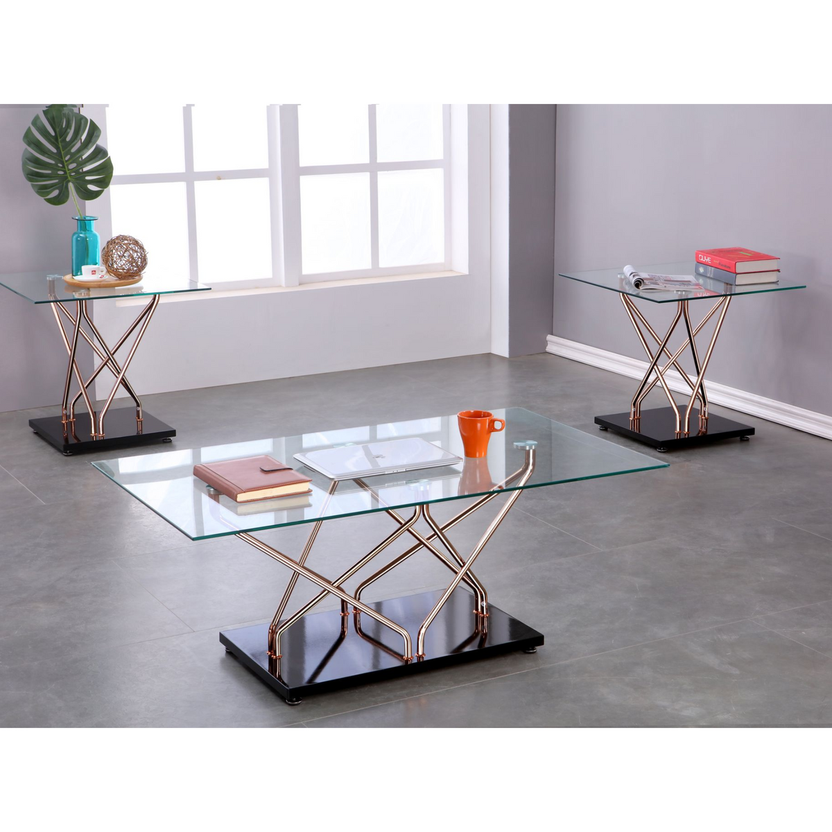 1017-13 -3PC Coffee Table Set in Black /Rose Gold