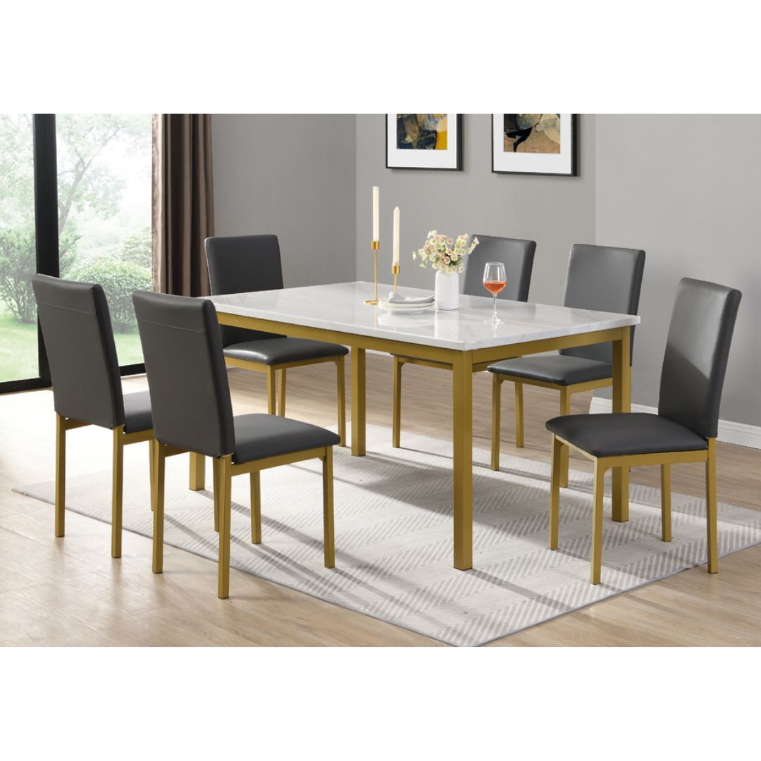 7PC Marble Dining Set with Gold Legs T3204_3205